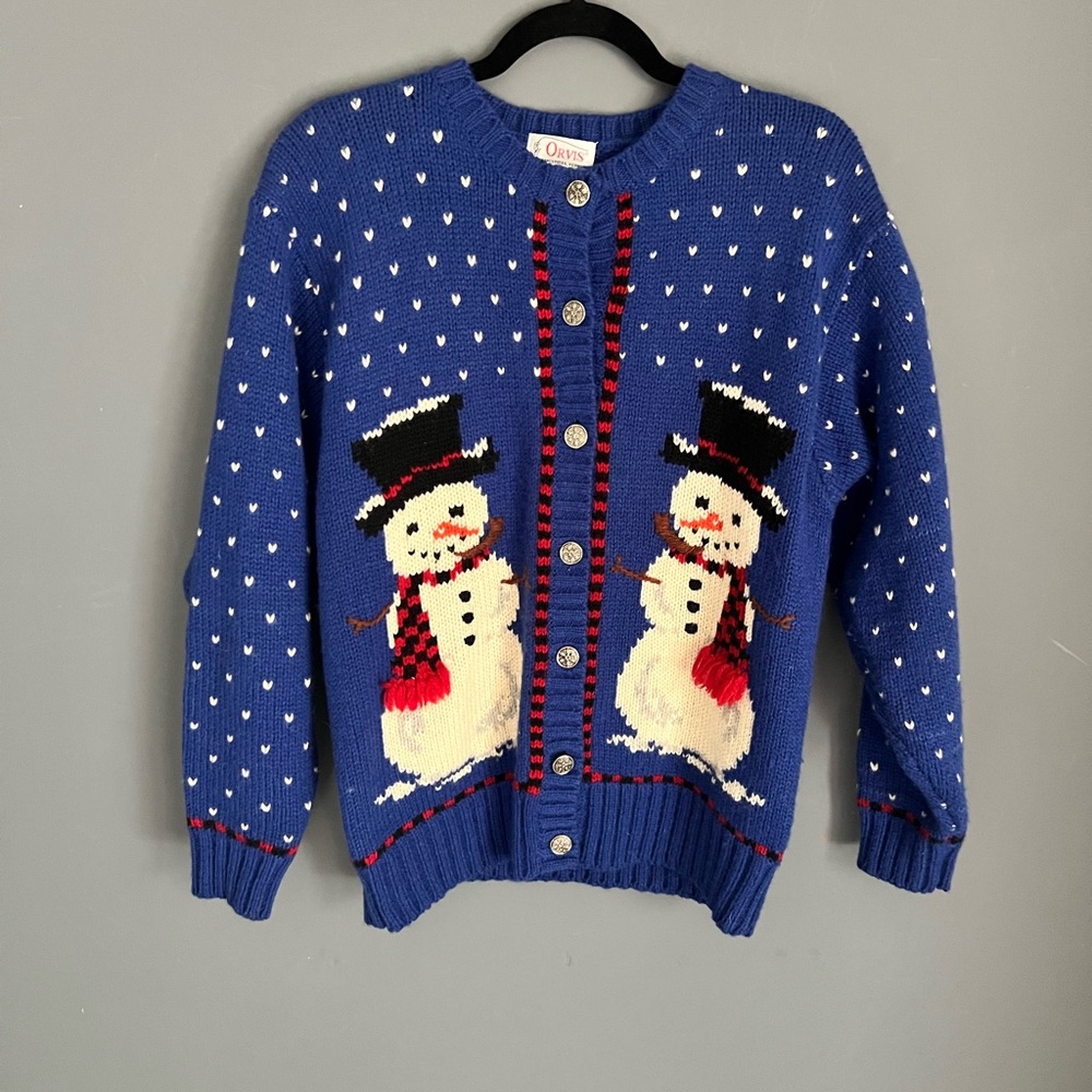 Orvis Blue Snowman Cardigan with Cream, Black and Red Accents